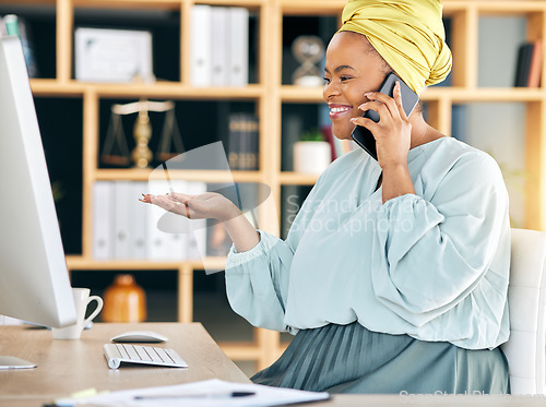 Image of Phone call, computer and business woman in office communication, HR networking and advice, information or help. Human resources worker or african person with questions, FAQ and mobile chat on desktop