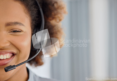 Image of Call center, smile and portrait of woman with mockup in office, sales and telemarketing in headset. Crm consulting, networking and happy face of virtual assistant, customer service agent or advisor.