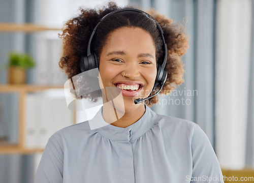 Image of Call center, smile and portrait of woman in office, sales and telemarketing in headset at help desk. Consulting, networking and happy face of virtual assistant, customer service agent or care advisor