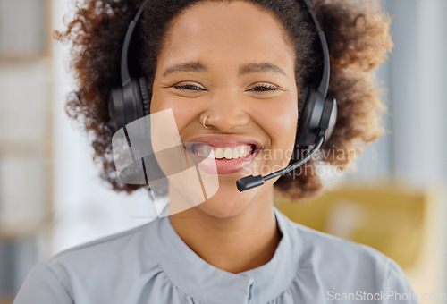 Image of Call center, crm and portrait of happy woman in office, sales and telemarketing in headset at help desk. Consulting, networking and happy face of virtual assistant, customer service agent or advisor