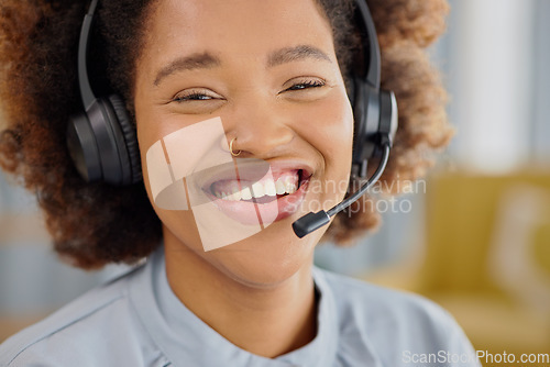 Image of Call center, crm and portrait of happy woman at help desk office, sales and telemarketing in headset. Consulting, communication and face of virtual assistant, customer service agent or care advisor.