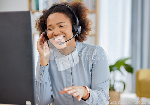 Image of Call center, conversation and happy woman in office, sales and telemarketing with headset at help desk. Crm consulting, networking and face of virtual assistant, customer service agent or advisor.