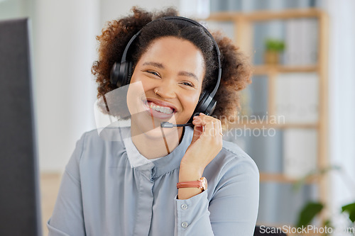 Image of Call center, crm and happy woman at help desk office, sales and telemarketing with headset for talking. Consulting, communication and face of virtual assistant, customer service agent or care advisor