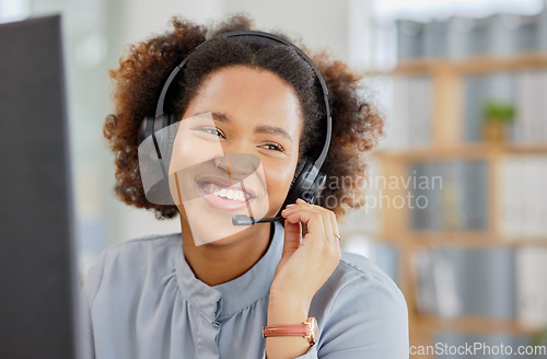 Image of Call center, conversation and happy woman at help desk for advice, sales and telemarketing in headset. Consulting, communication and face of virtual assistant, customer service agent or crm advisor.