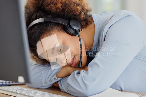 Image of Crm, business woman and sleeping with telemarketing worker at desk with office burnout. Customer support, consulting company and tired employee with nap at work from online and digital agent job