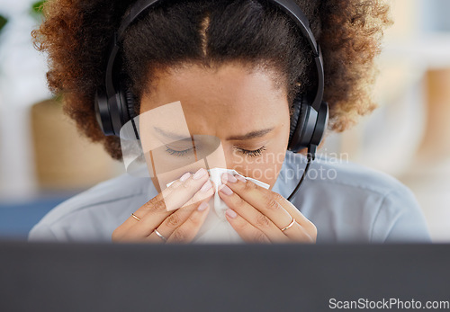 Image of Call center, flu and sick woman blowing nose while consulting for contact us, crm or customer support. Telemarketing, cold and lady consultant with burnout, bacteria or viral infection while working