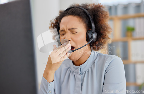 Image of Customer support, call center and woman yawn, tired in office with exhausted, stress and fatigue. Telemarketing, crm service and overworked female person with burnout for consulting business at desk