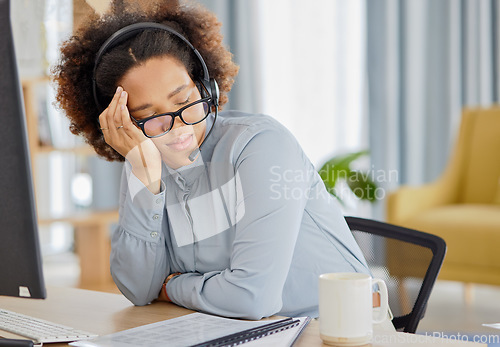 Image of Crm, business woman and sleeping with contact us telemarketing worker at desk with burnout. Customer support, consulting company and tired employee with nap at work from online and digital agent job