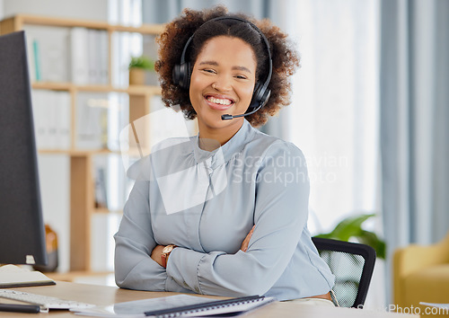 Image of Callcenter, portrait and happy woman at help desk for advice, sales and telemarketing in headset. Consulting, communication and face of virtual assistant, customer service agent or crm phone call.