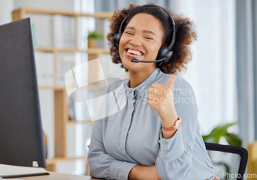 Image of Callcenter, portrait and happy woman at help desk with thumbs up for advice, sales and telemarketing in headset. Consulting, communication and face of virtual assistant, customer service agent or crm