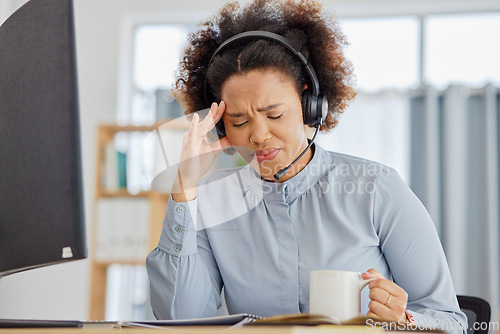Image of Customer support, call center and woman with crisis in office with tension, stress and headache. Telemarketing, crm service and overworked female person with burnout, frustrated and exhausted at desk