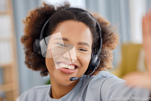 Image of Callcenter, selfie and happy woman at help desk for advice, sales and telemarketing care in headset. Consulting, communication and face of virtual assistant, customer service agent or crm phone call.