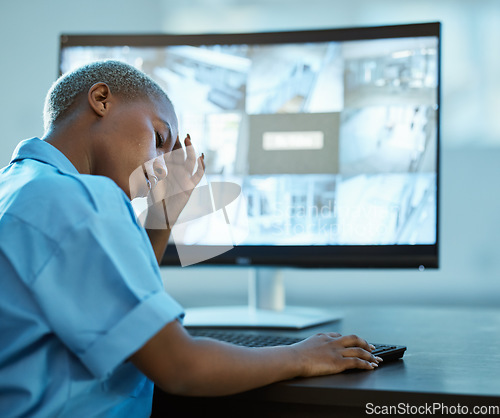 Image of Black woman, police and headache for security surveillance in burnout, stress or overworked at office. Frustrated African female person or officer with bad head pain, anxiety or mistake at workplace