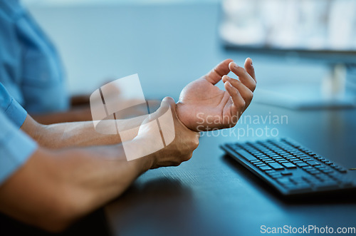 Image of Person, hands and wrist pain in surveillance from injury, accident or carpal tunnel syndrome at office. Closeup of security guard with sore arm, ache or joint inflammation from overworked typing