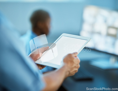 Image of Man, hands and tablet mockup for security surveillance, search or area inspection at the office. Closeup of male person, guard or police officer with technology display for safety protection app