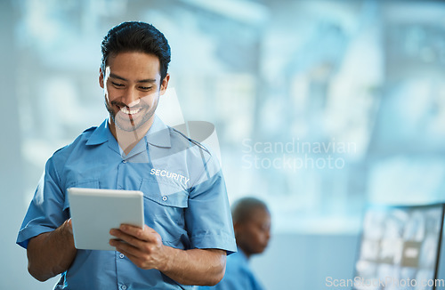 Image of Happy asian man, security guard and tablet for surveillance, research or browsing at the office. Male person, police or officer smile on technology for social media, networking or communication