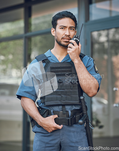 Image of Man, radio and a security guard or bodyguard outdoor on in a city with communication. Safety officer person with a walkie talkie at a building to report crime for investigation and surveillance