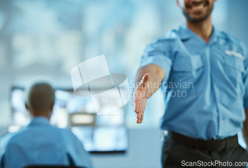 Image of Man, police and handshake for meeting, security or partnership together in team surveillance at office. Male person, officer or guard shaking hands for greeting, introduction or protect and serve