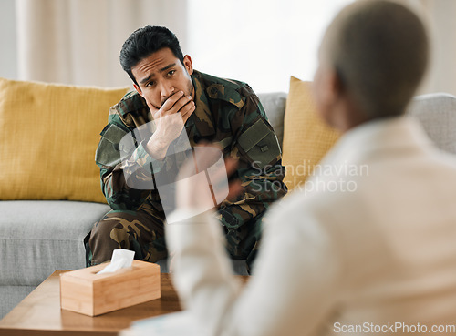 Image of Listen, therapist and military veteran with support in therapy, consultation and talking about mental health, trauma or war conflict. Sad, memory or conversation with psychologist for healing or help