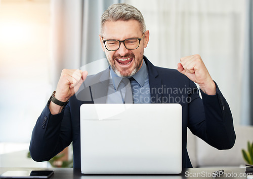 Image of Excited business man, laptop and celebration with fist, bonus or profit with investment on stock market. Mature entrepreneur, broker or winner for goal, achievement or success in gambling on internet