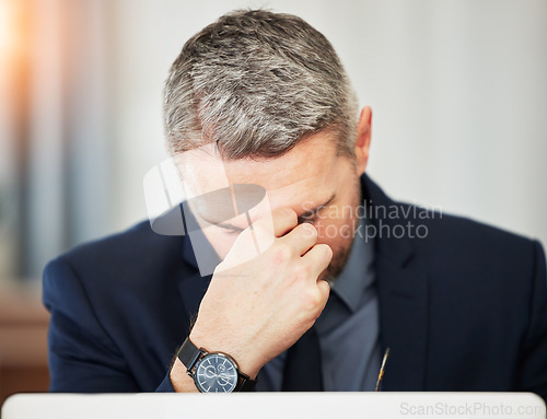 Image of Business man, stress and headache for burnout, debt and mistake of stock market crash. Face of corporate male worker, manager and anxiety for bankruptcy problem, doubt and fail for frustrated crisis