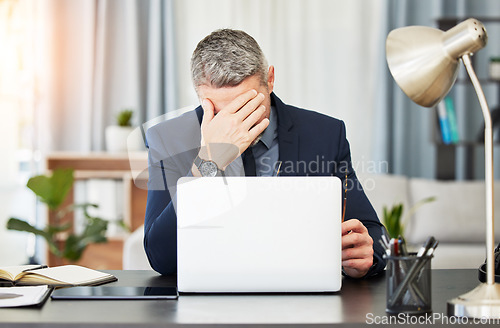 Image of Business man, headache and laptop with stress, report and pain at desk, mental health and financial agency. Mature CEO, boss or leader with computer, emergency and burnout with anxiety for 404 glitch