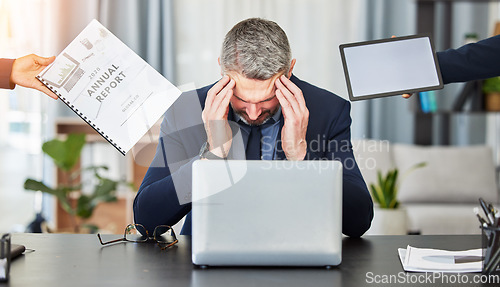 Image of Business man, headache and busy office with report, documents and blank tablet with mockup space. Mature CEO, boss or leader with staff hands, paperwork and laptop for audit, accounting and burnout