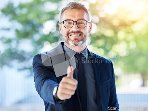 Image of Business man, senior and thumbs up, support and agreement in portrait with smile, executive and positive feedback. Male CEO, corporate deal and yes vote with voice, emoji and like, happy with opinion