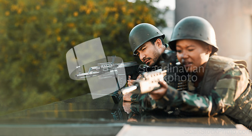 Image of Military, people and gun for training, defense or power on rooftop for aim, shooting or practice. Army, weapon and black woman with man soldier and sniper rifle for war, target or protection team