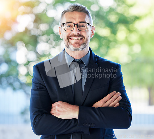 Image of Face, senior ceo and man with arms crossed outdoor for business, entrepreneurship and professional with smile. Portrait, confident and mature manager, accountant or executive with glasses on bokeh