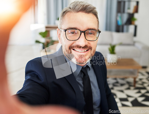 Image of Selfie, smile and business man in office for profile picture, photo or relax on break. Portrait, happy and guy ceo influencer pose for podcast, blog or social media post at work with content creation