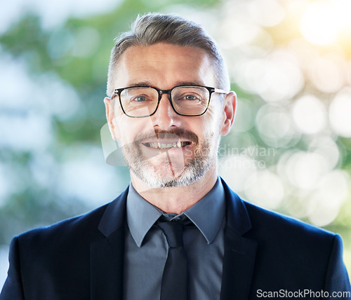 Image of Face, senior ceo and happy man outdoor for business, entrepreneurship or corporate professional with financial career. Portrait, mature and manager, accountant or executive smile with glasses bokeh
