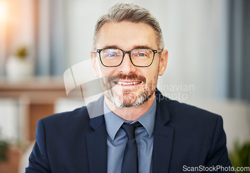 Image of Portrait, mature business man and smile in office with corporate confidence, pride and professional broker in Australia. Face of happy CEO, manager and financial trader with experience in consulting