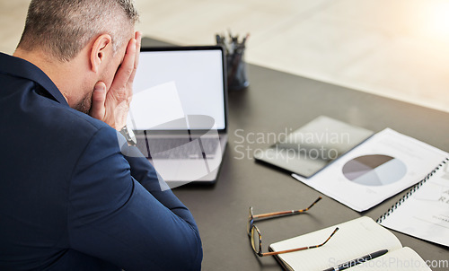 Image of Business man, headache and tired by laptop, report and chart documents with mockup space on screen. Mature CEO, boss or leader with hands on face, paperwork and pc for audit, accounting and fatigue