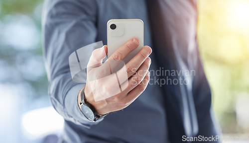 Image of Business man, hands and search phone with social network, mobile website and internet contact. Closeup, entrepreneur and worker with smartphone, reading corporate news app and typing information