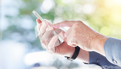 Image of Business man, hands and typing with phone for social network, digital website and internet contact. Closeup of worker scroll on smartphone, reading corporate news app and download mobile information