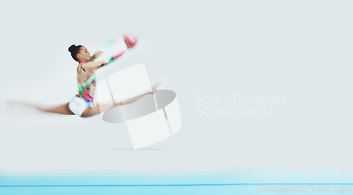 Image of Gymnastics, jump and woman with ball in performance to exercise, train and mockup space. Sports, moving and dancing gymnast, athlete or person in competition for creative talent, energy and fast blur