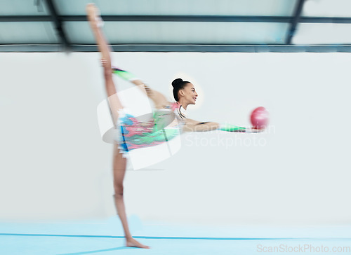 Image of Gymnastics, performance and woman with ball, motion blur and exercise, train or mockup space. Sports, moving and dancing gymnast, athlete or person in competition for creative talent, energy and fast