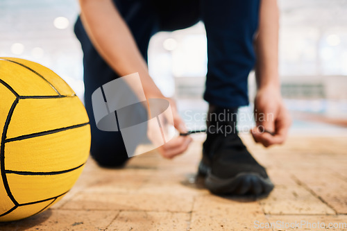 Image of Shoes, tie and a man water polo trainer by a swimming pool in preparation of water sports exercise in a gym. Fitness, workout and sports with a coach getting ready for training in a health center