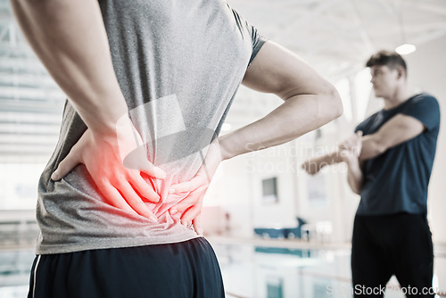 Image of Back pain, red and person hands for swimming training, exercise and workout with sports risk or spine problem. Injury, glow and athlete, swimmer or people for medical check or body emergency by pool