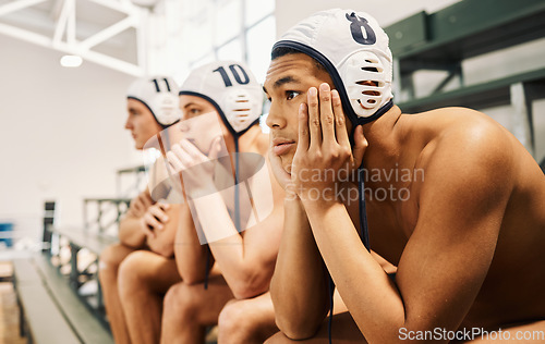 Image of Sports, water polo and teamwork with men at swimming pool for fitness, training and games. Collaboration, goal and health with group of people on bench for championship, focus and performance