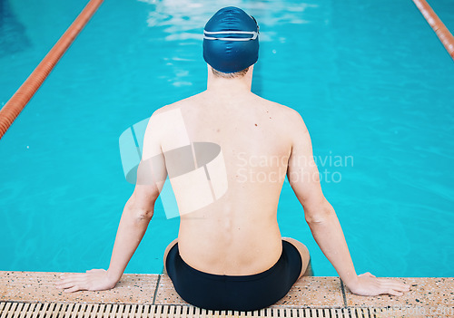 Image of Swimming, sports and man in pool for training, competition and exercise in water. Professional swimmer, fitness and back of male person practice for challenge, workout and performance for wellness