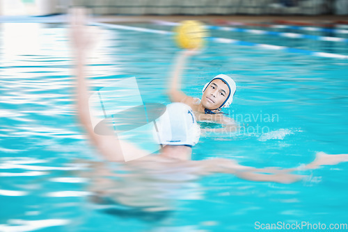 Image of Water polo, shooting ball and people in swimming pool training, exercise and fitness game or sports event. Professional swimmer, man or team in competition, athlete challenge and speed blur or splash