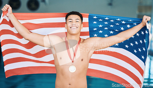 Image of Portrait, winner and gold medal with a water polo man in celebration of success during a sports event in a gym. Fitness, victory and flag with a happy american athlete cheering in triumph on a podium