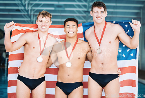 Image of Winner, gold medal and the usa water polo team in celebration of success during a sports event. Fitness, victory and flag with happy male athletes with national pride together in triumph on a podium