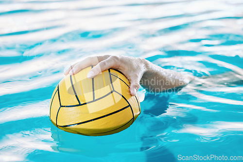 Image of Ball, hand and water polo, swimming pool and sports with fitness, athlete and training for game. Person, swimmer and equipment with exercise, closeup and aquatic workout with challenge and match