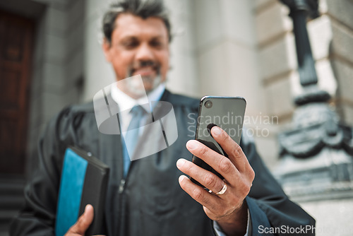 Image of Senior attorney man, phone and street with smile, thinking and hand with ideas internet app in metro. Happy mature judge, smartphone and reading for notification, web chat and social media in city
