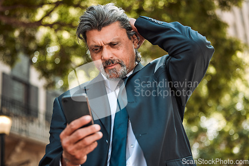Image of City, cellphone or business man stress over bad news article, corporate story or online blog, website or info. Phone problem, fail or professional person reading social media post, crisis or mistake