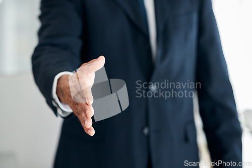Image of Handshake, offer and business person or lawyer introduction, deal and success or POV partnership. Corporate worker or employee shaking hands for meeting, interview or client negotiation and thank you