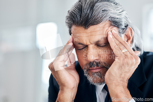 Image of Headache, face and senior business man with depression, corporate mistake or mental health crisis. Office anxiety, migraine pain and professional elderly person stress, problem and overwhelmed